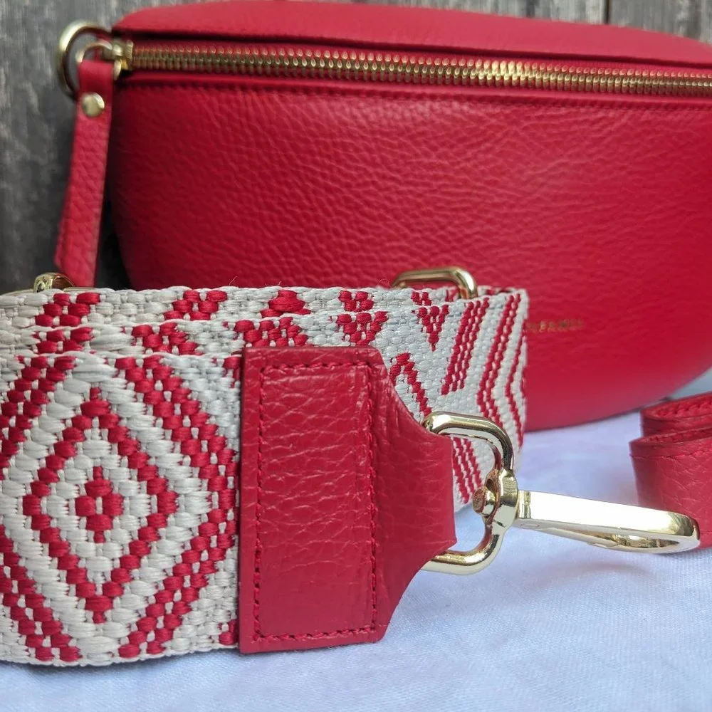 Italian Leather Fanny Pack with 2 Straps | Red Crossbody Waist Bag Real Leather - Picture 6 of 11